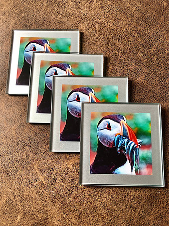Set of 4 glass coasters with silver border